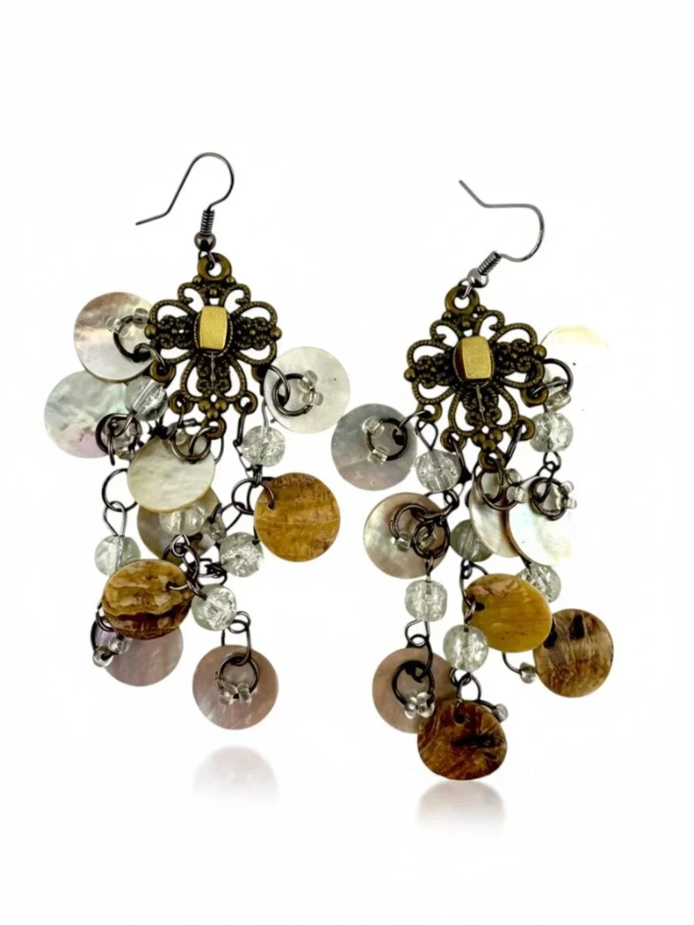 Vintage Mother of Pearl Chandelier Earrings Boho Shell Cascade Dangle 3.5